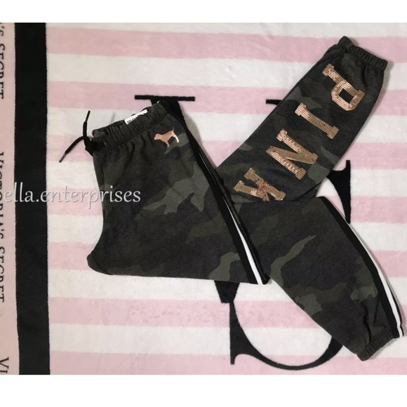 Victoria Secret PINK Black//Grey Camo//Camouflage White Side Stripe Classic Pant L